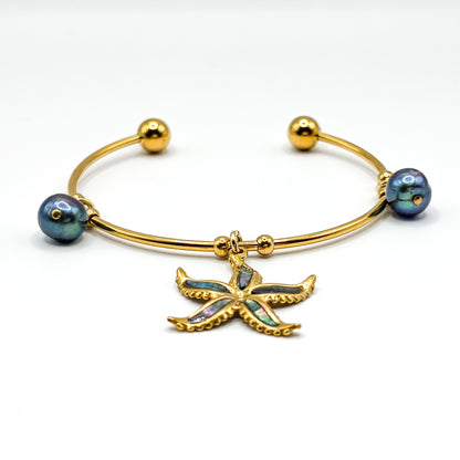 ポリネシアンパールブレスレット （スターシェル : ブルー / ブラックパール:2つ）